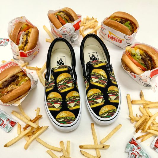 Cheeseburger Vans Slip Ons Yuuummmm