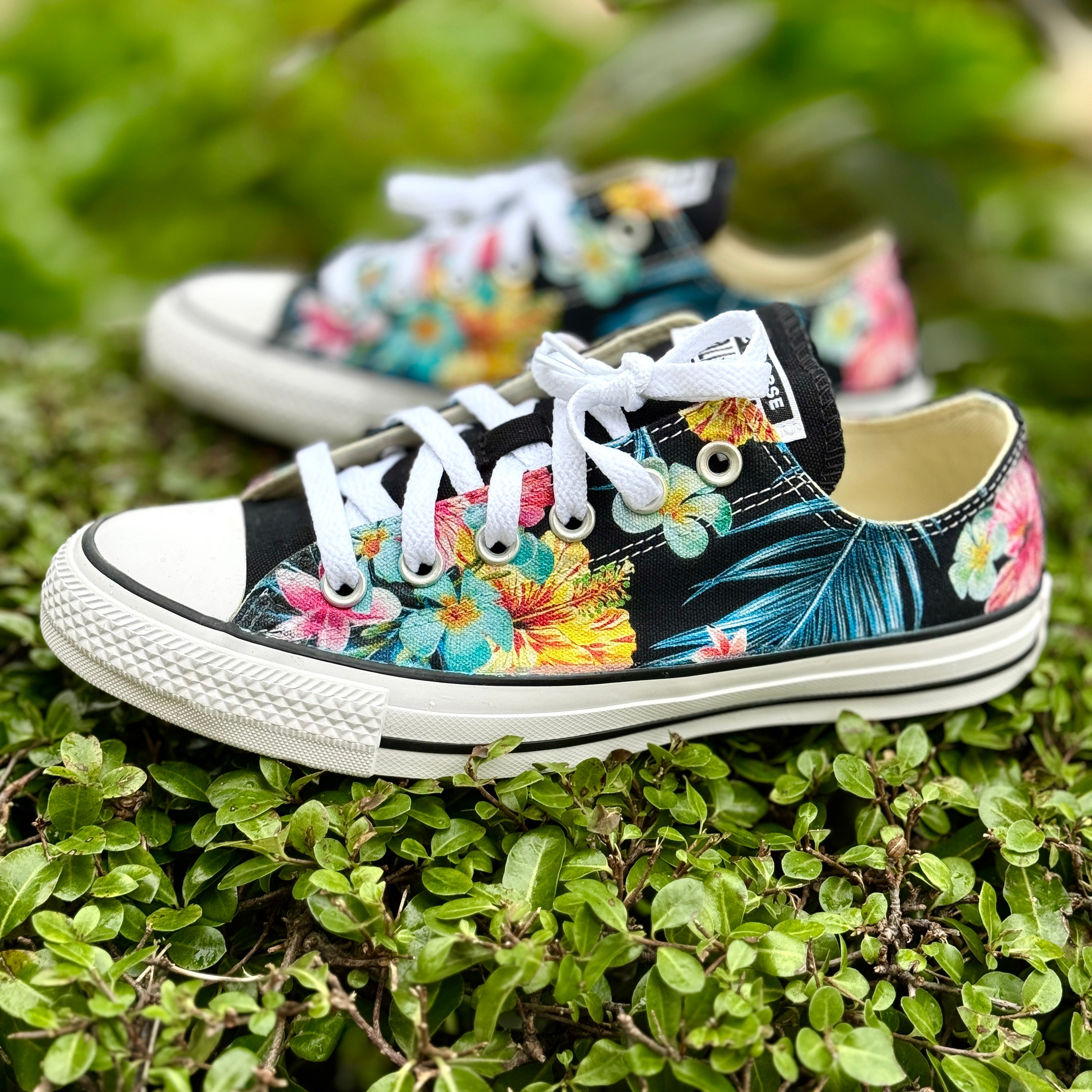 Tropical Floral Sneakers Custom Black Low Tops