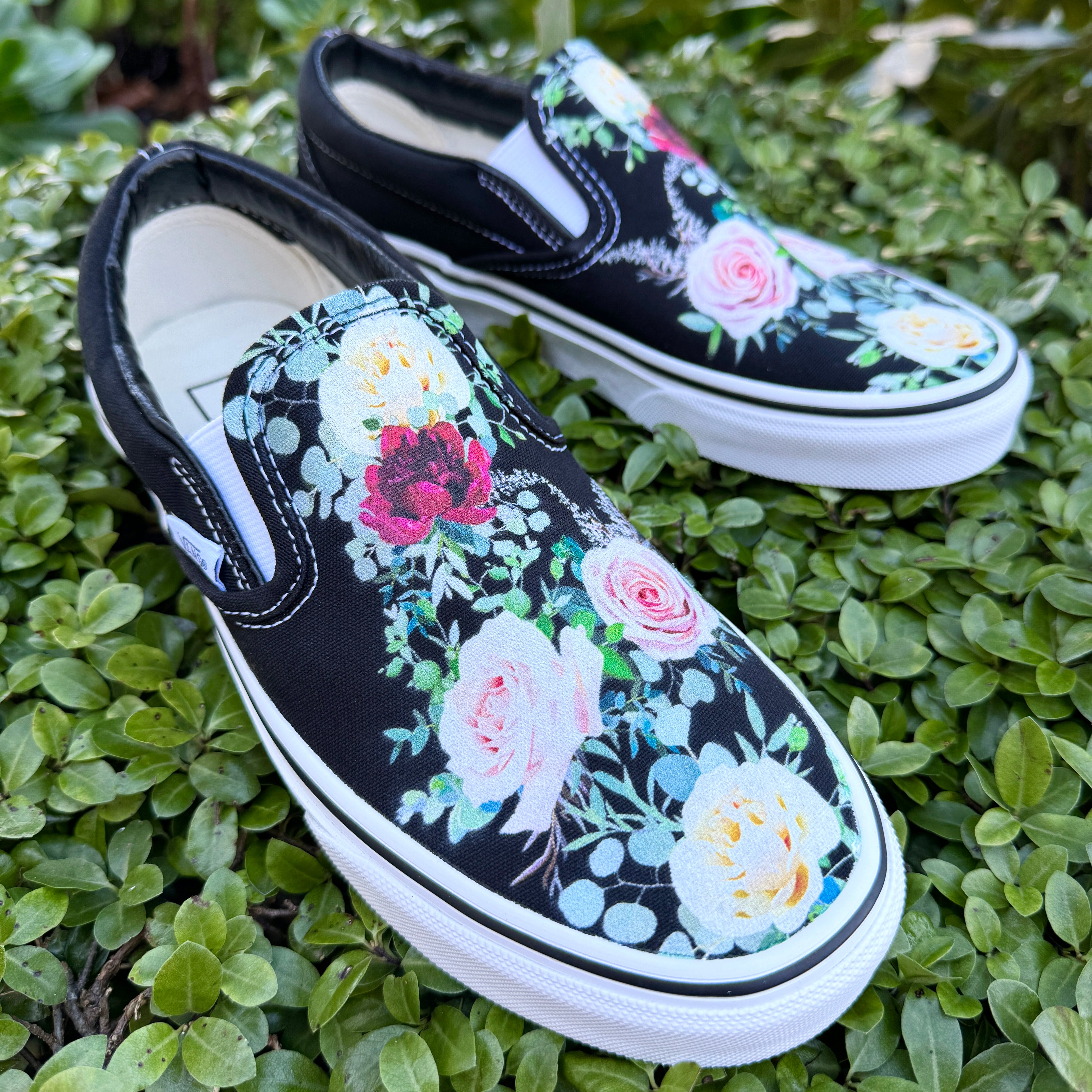 Whimsical Roses on Black Slip On Vans Shoes Men s and Women s Custom Vans Sneakers