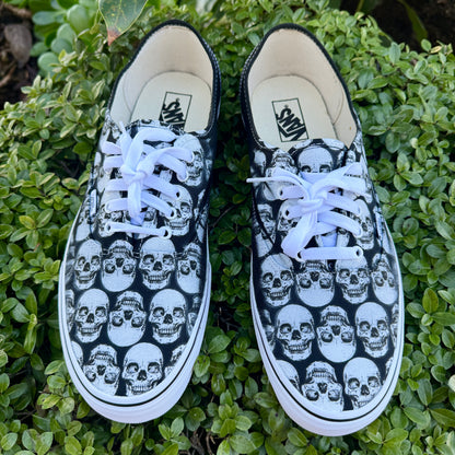 Multiple Skull Head Tile Print Spooky Black Vans Authentic Shoes for Men and Women