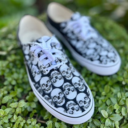 Multiple Skull Head Tile Print Spooky Black Vans Authentic Shoes for Men and Women