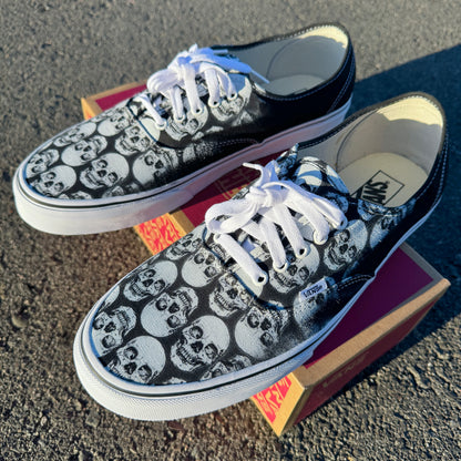 Multiple Skull Head Tile Print Spooky Black Vans Authentic Shoes for Men and Women