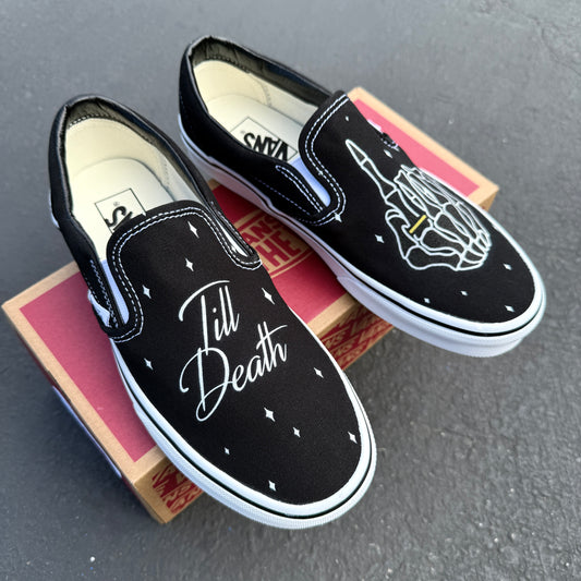 till death wedding vans ring finger black slip on shoes for bride and groom