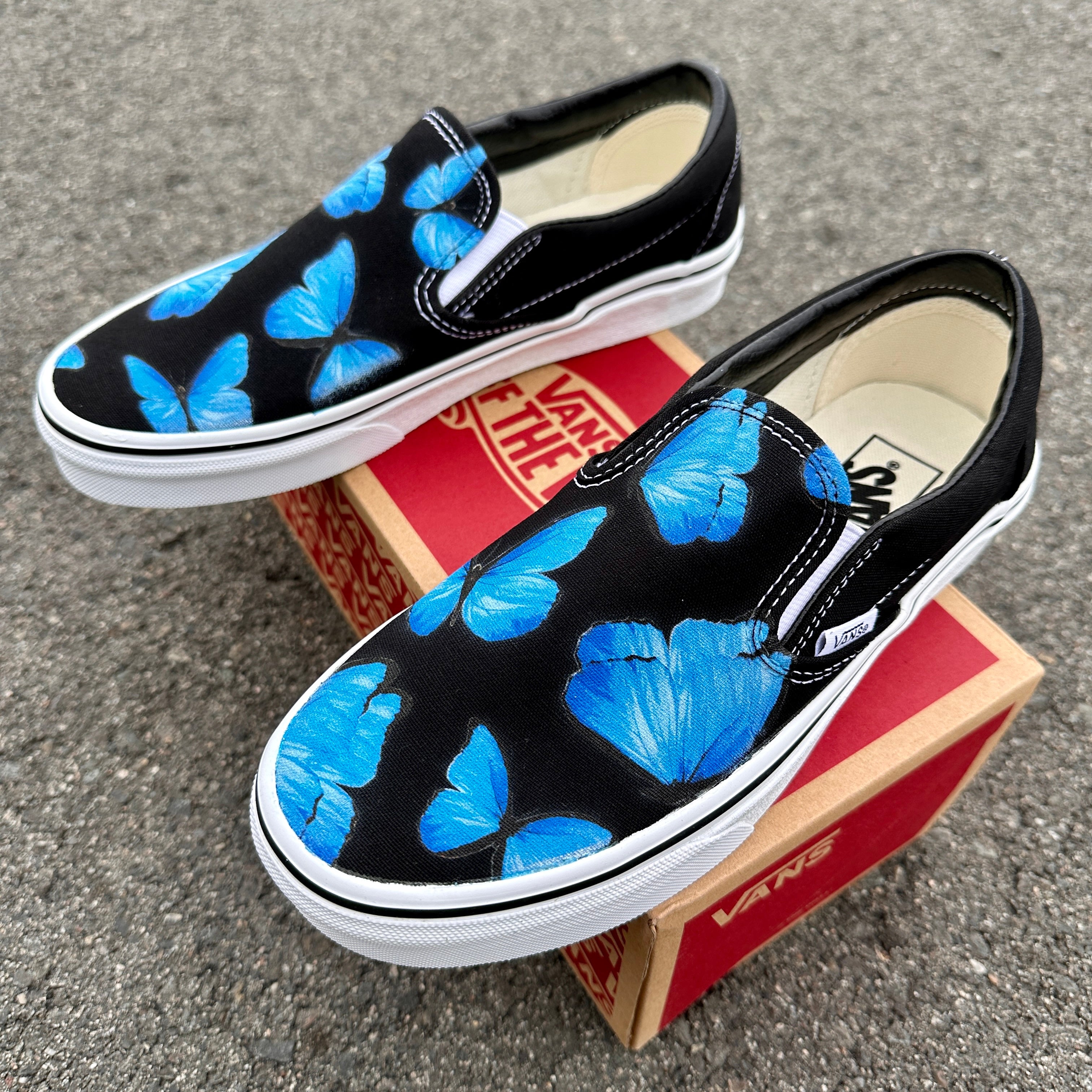 Blue Butterfly Black Slip Ons Custom Vans Shoes BlvdCustom