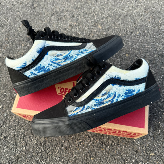 The Great Wave Off Kanagawa Custom Black/Black Old Skool Vans - Men's and Women's Shoes