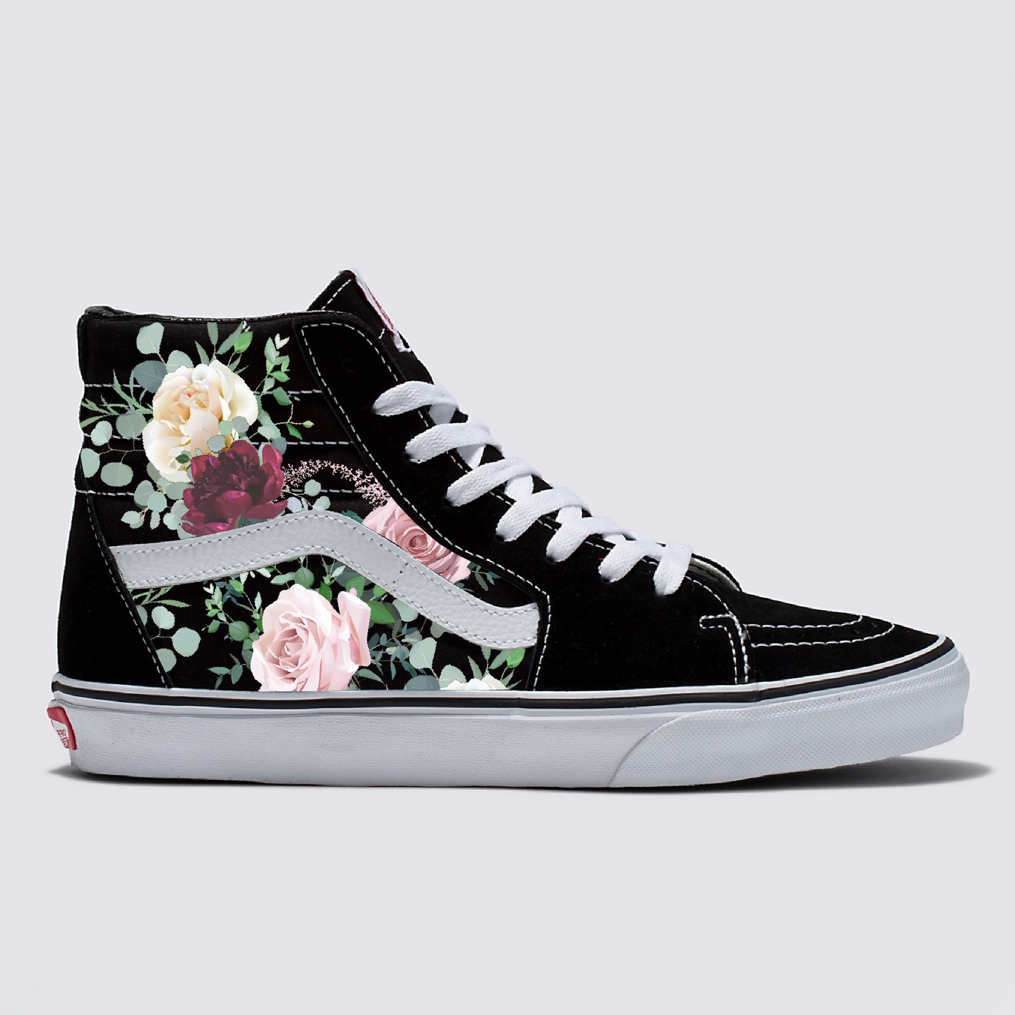 Whimsical Roses on Black SK8 Hi Vans Shoes Women s and Men s Custom BlvdCustom