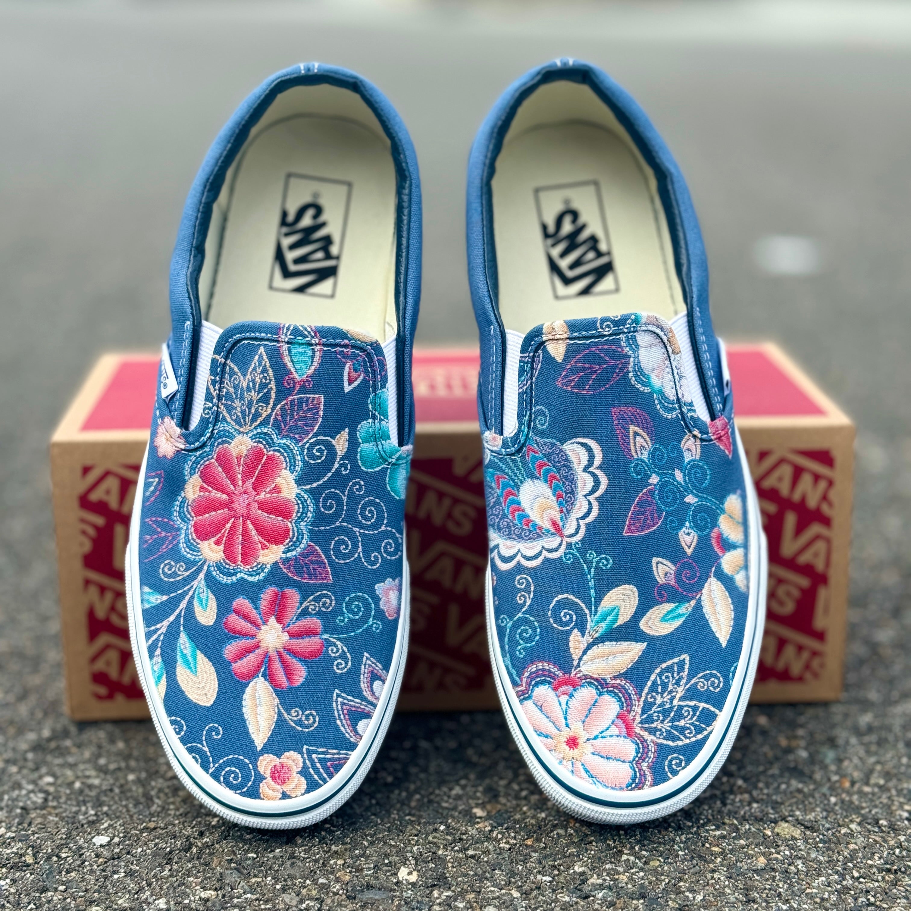 Embroidery Inspired Navy Vans Slip On Shoes Custom Vans Shoes for Me BlvdCustom