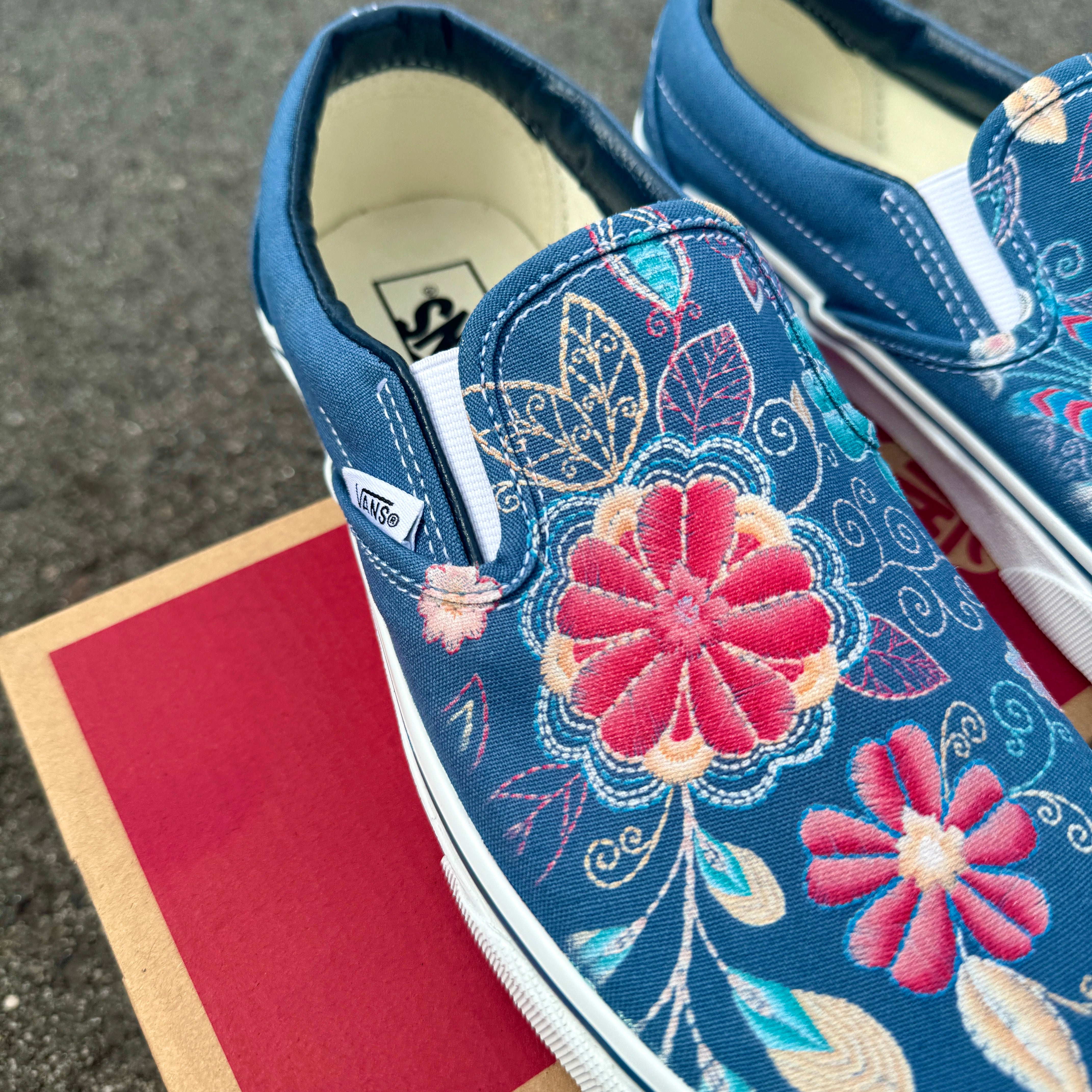 Embroidery Inspired Navy Vans Slip On Shoes Custom Vans Shoes for Men and Women