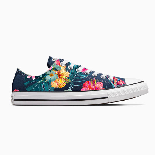Tropical Floral Pattern on Navy Low Top Converse Shoes - Men's and Women's Custom Tie Lace Up Sneakers