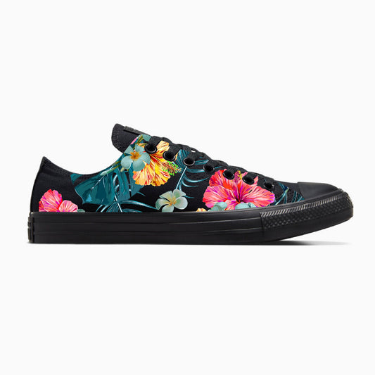 Tropical Floral Pattern on Black/Black Low Top Converse Shoes - Men's and Women's Custom Tie Lace Up Sneakers