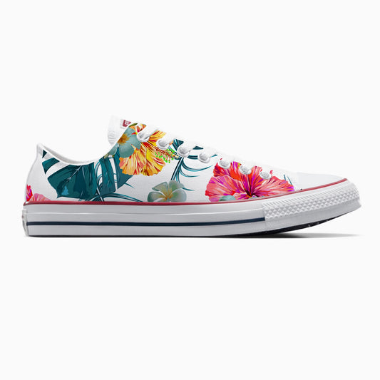 Tropical Floral Pattern on White Low Top Converse Shoes - Men's and Women's Custom Tie Lace Up Sneakers