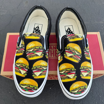 Cheeseburger Slip Ons Vans Shoes - Custom Cheeseburgers on Black Slip Ons for Men and Women