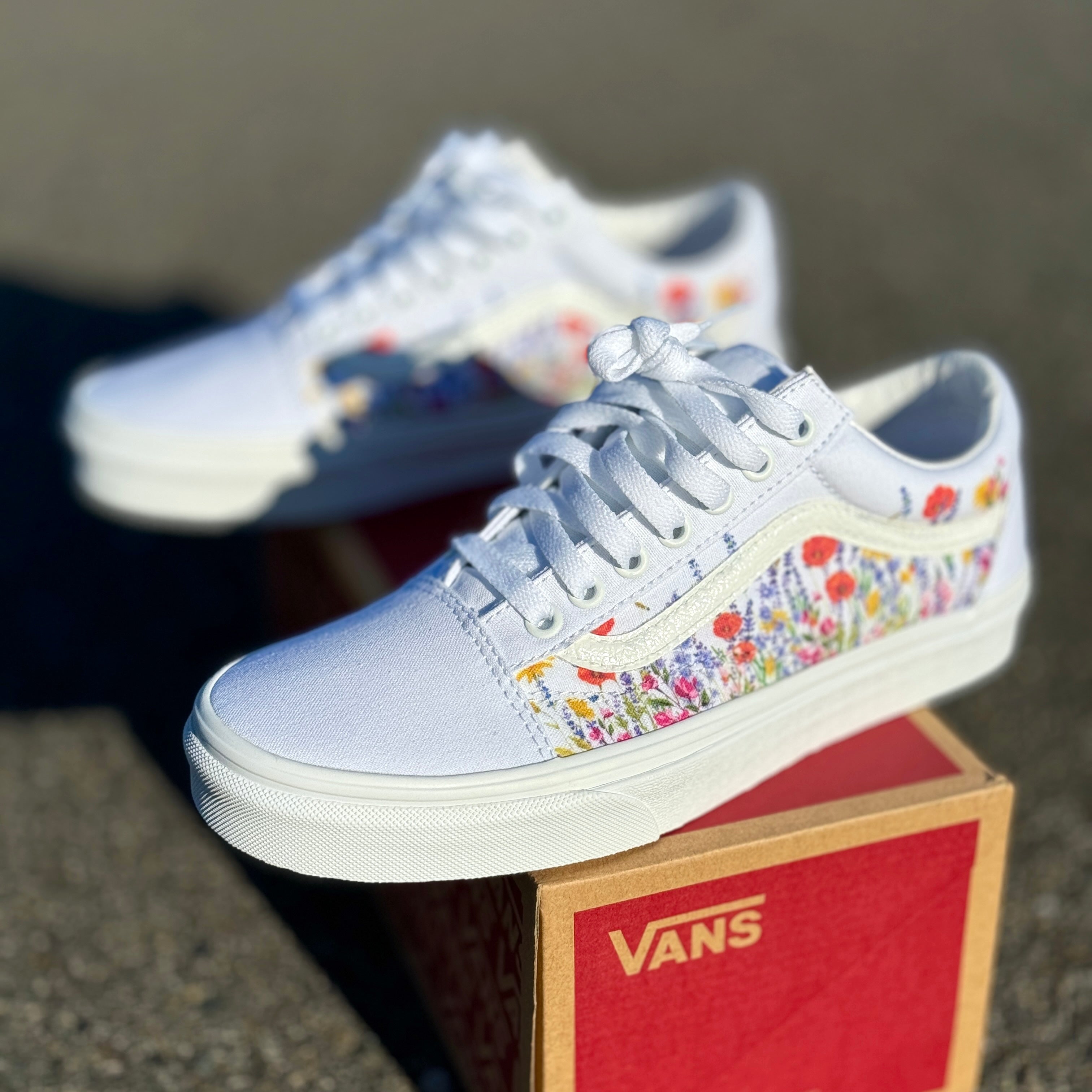 Flower Field White Vans Old Skool Shoes