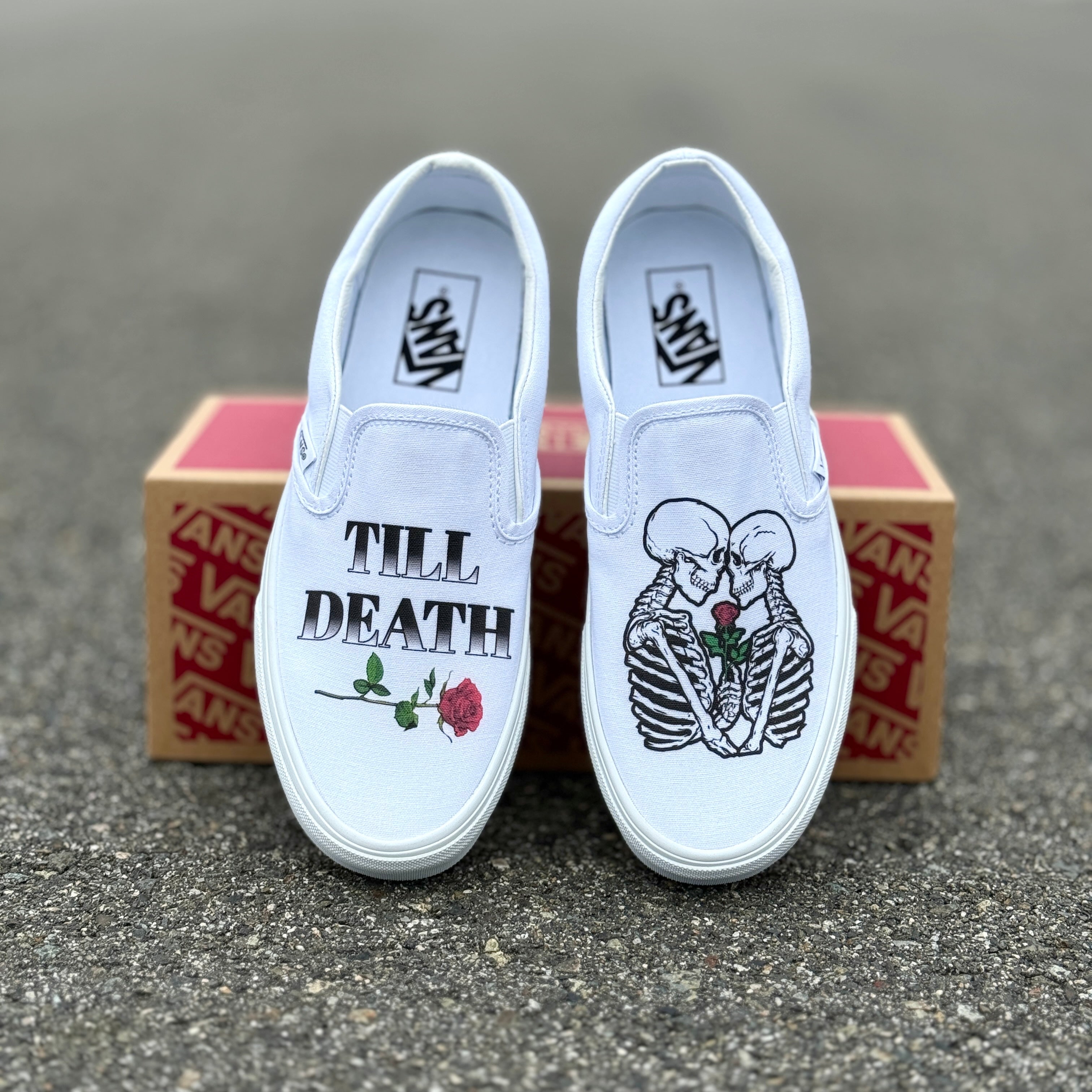 Till Death Kissing Skeletons White Wedding Vans Slip On Shoes Men s and Women s Custom Vans Sneakers