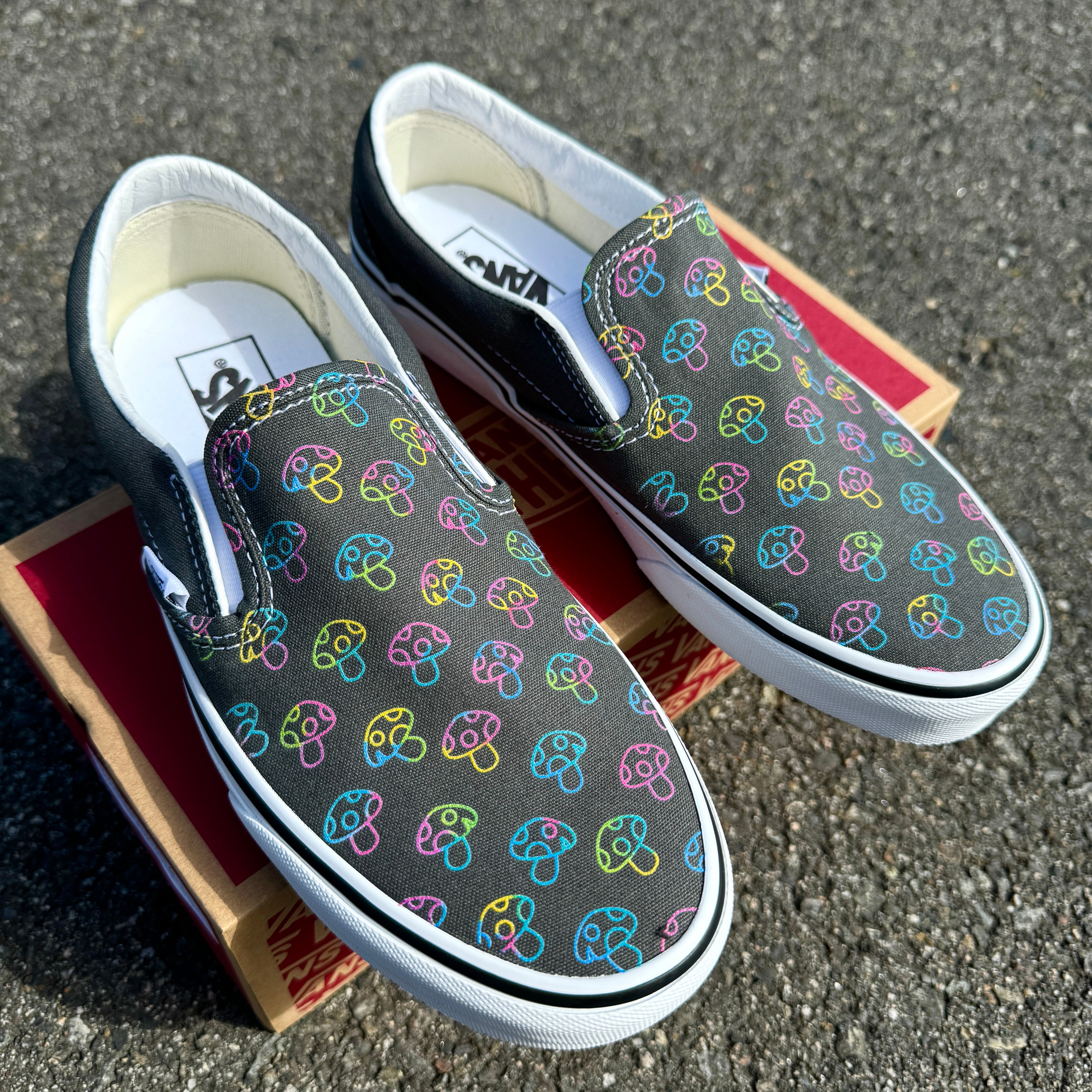 Custom Vans Mushy Mushroom Charcoal Slip On Shoes Custom Vans Shoes