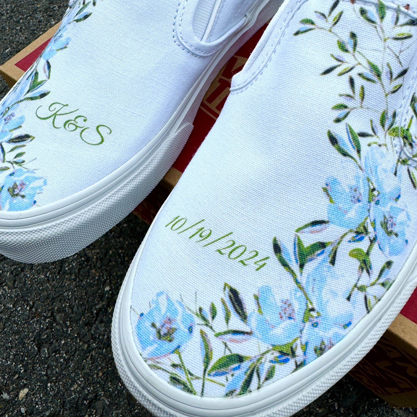 Light Blue Flower - Wedding Custom Slip On Vans Bridal Shoes Wedding Sneakers Wedding Shoes for Bride Brides Maids and Maid of Honor