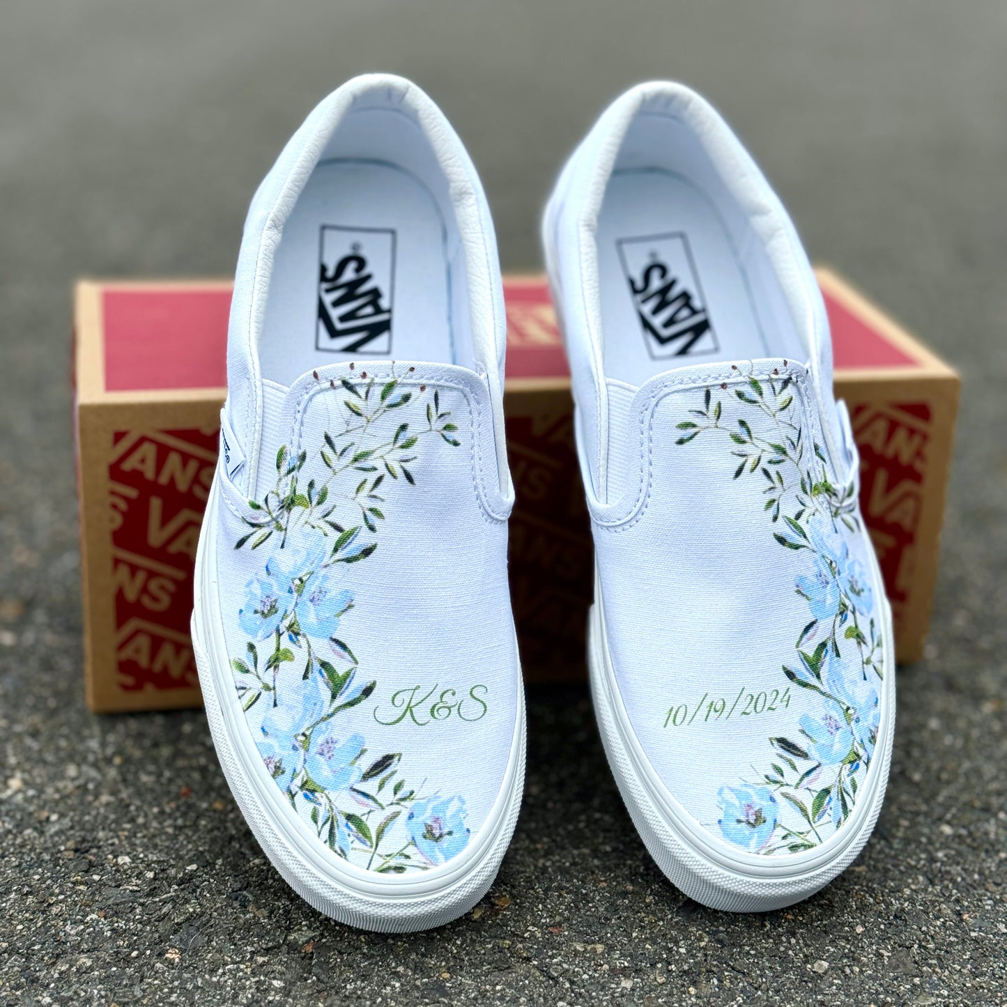 Light Blue Flower - Wedding Custom Slip On Vans Bridal Shoes Wedding Sneakers Wedding Shoes for Bride Brides Maids and Maid of Honor