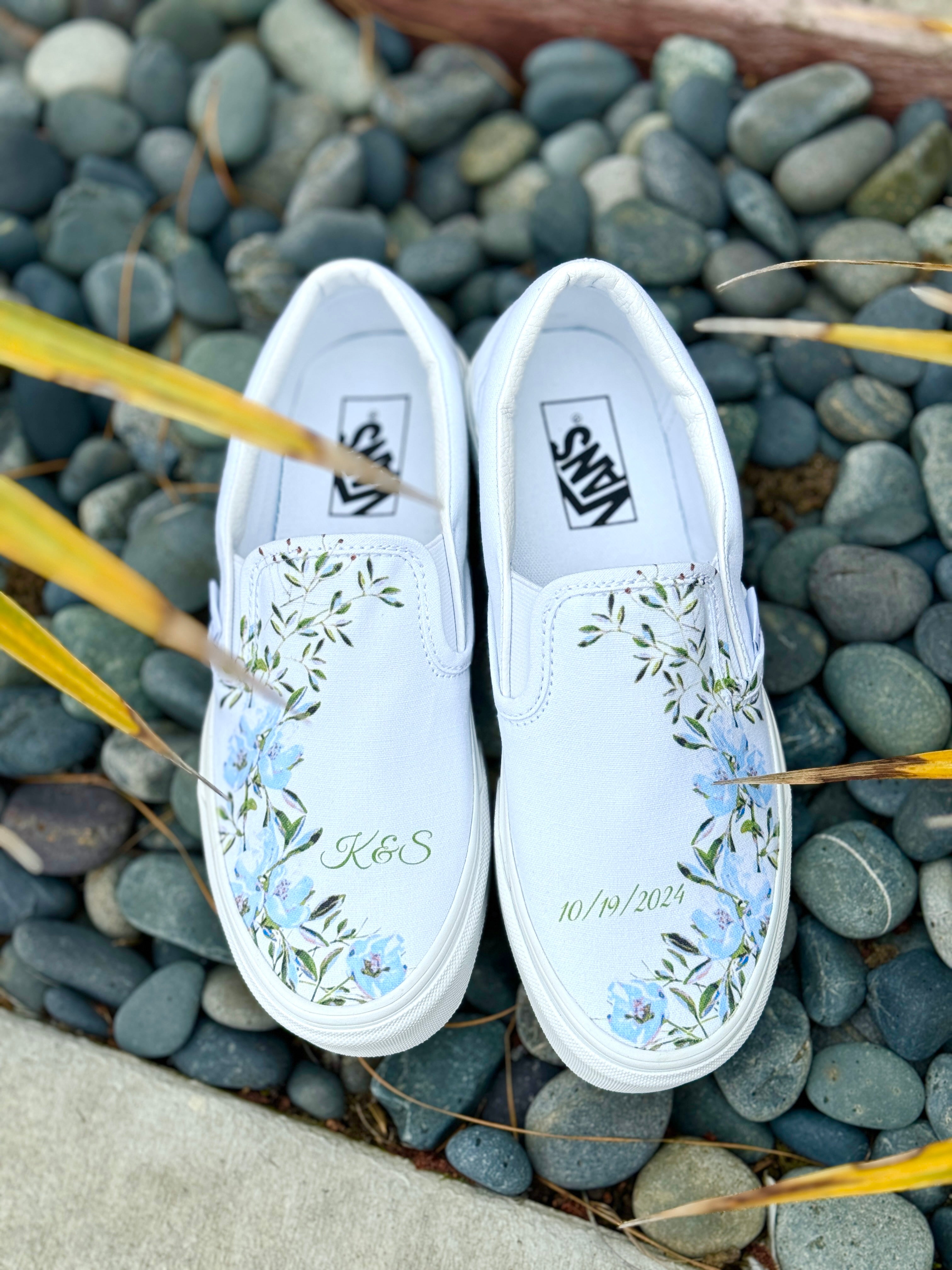 Light Blue Flower Wedding Custom Slip On Vans Bridal Shoes Wedding Sneakers Wedding Shoes for Bride Brides Maids and Maid of Honor