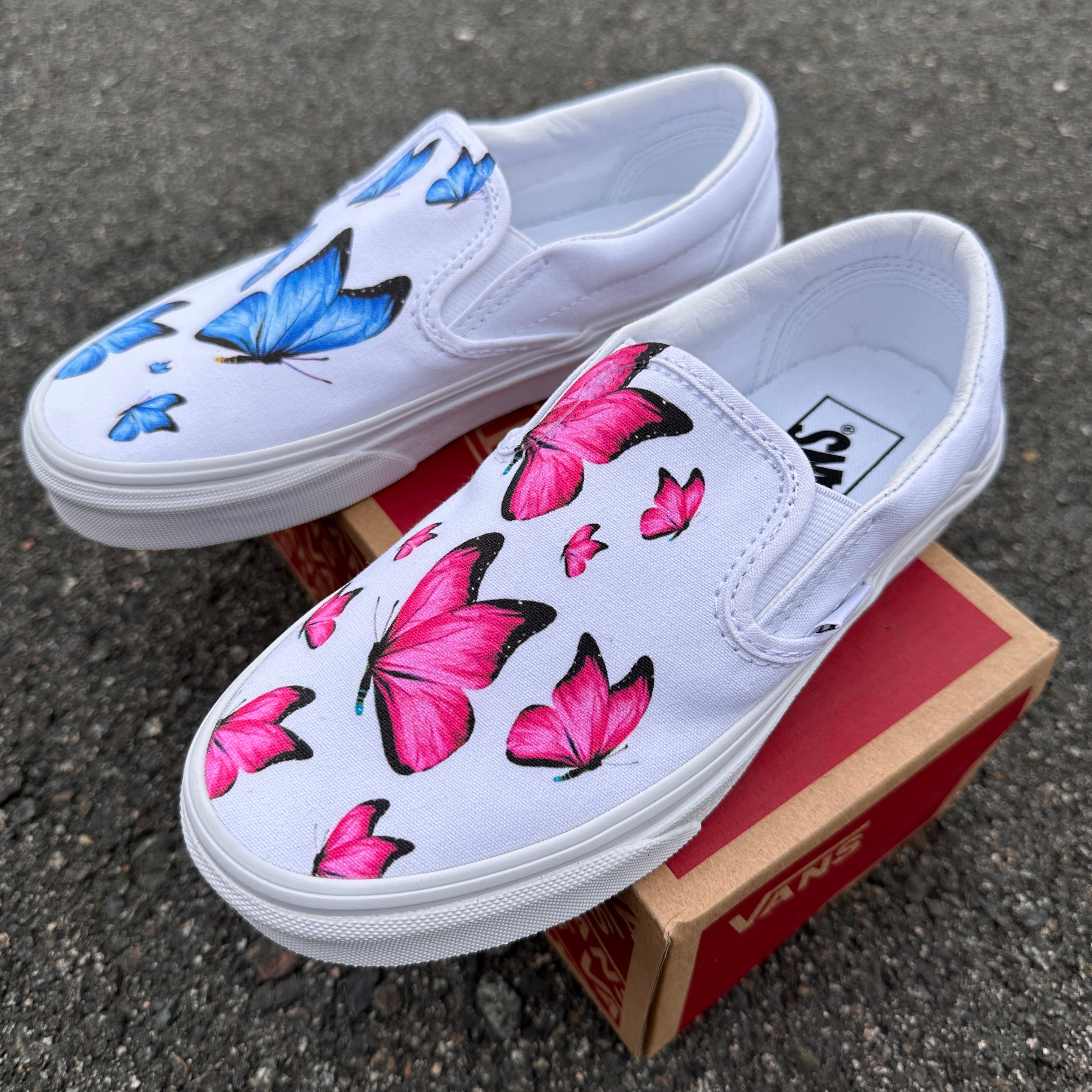 Blue and Pink Butterfly White Slip Ons Custom Vans Shoes