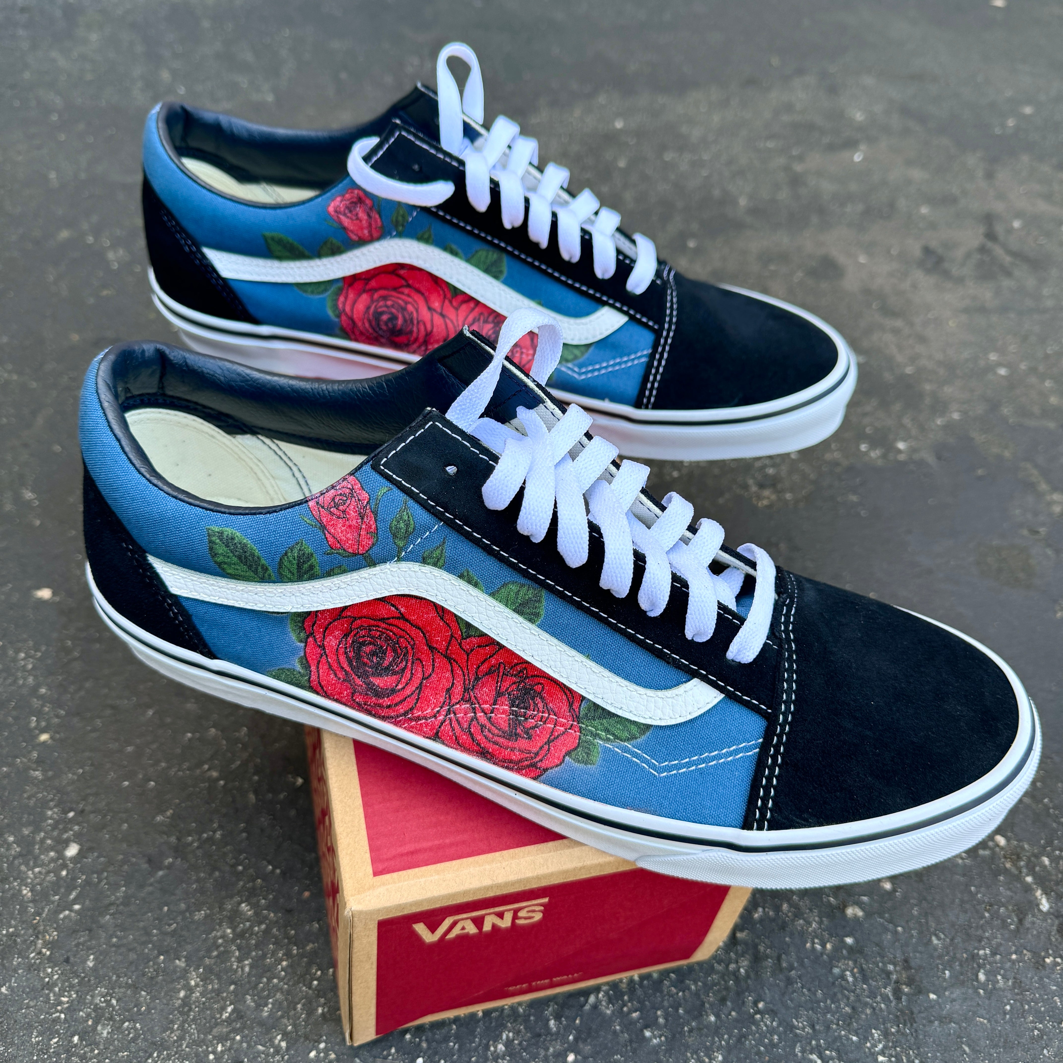 Red Roses on Vans Old Skool Shoes for Women and Men