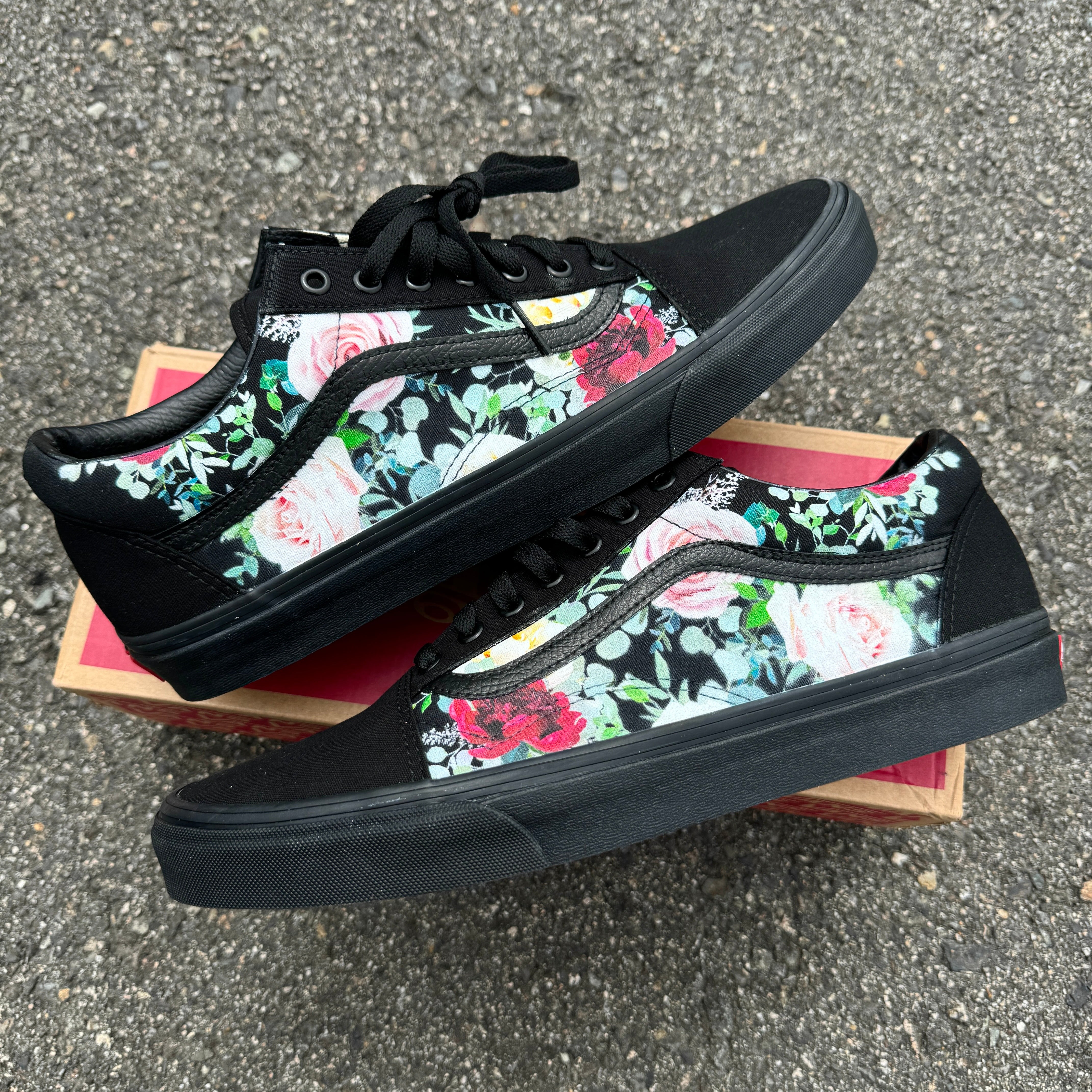 Whimsical Roses on Black Black Vans Old Skool Shoes Custom Vans Shoe BlvdCustom