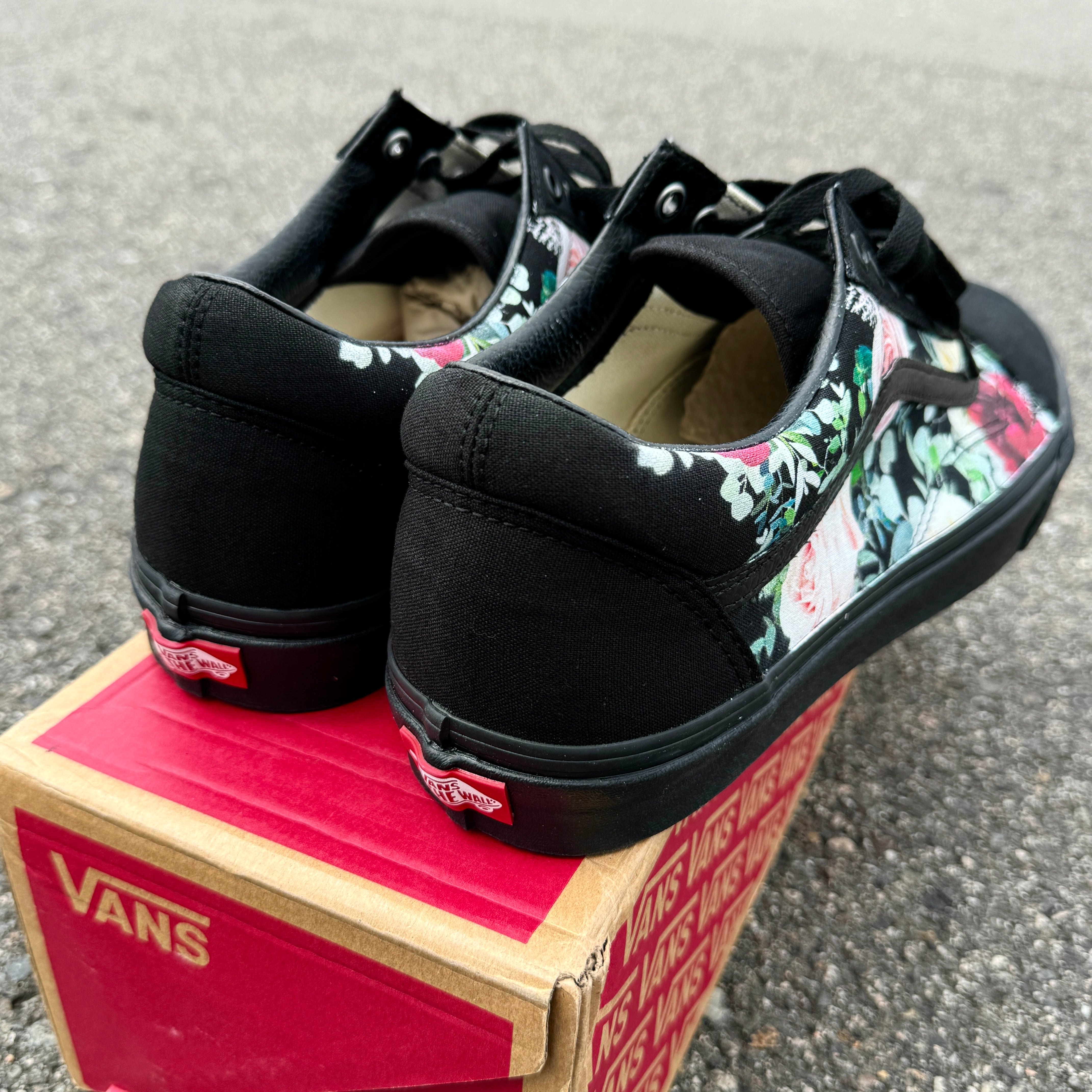 Whimsical Roses on Black Black Vans Old Skool Shoes Custom Vans Shoes for Women and Men