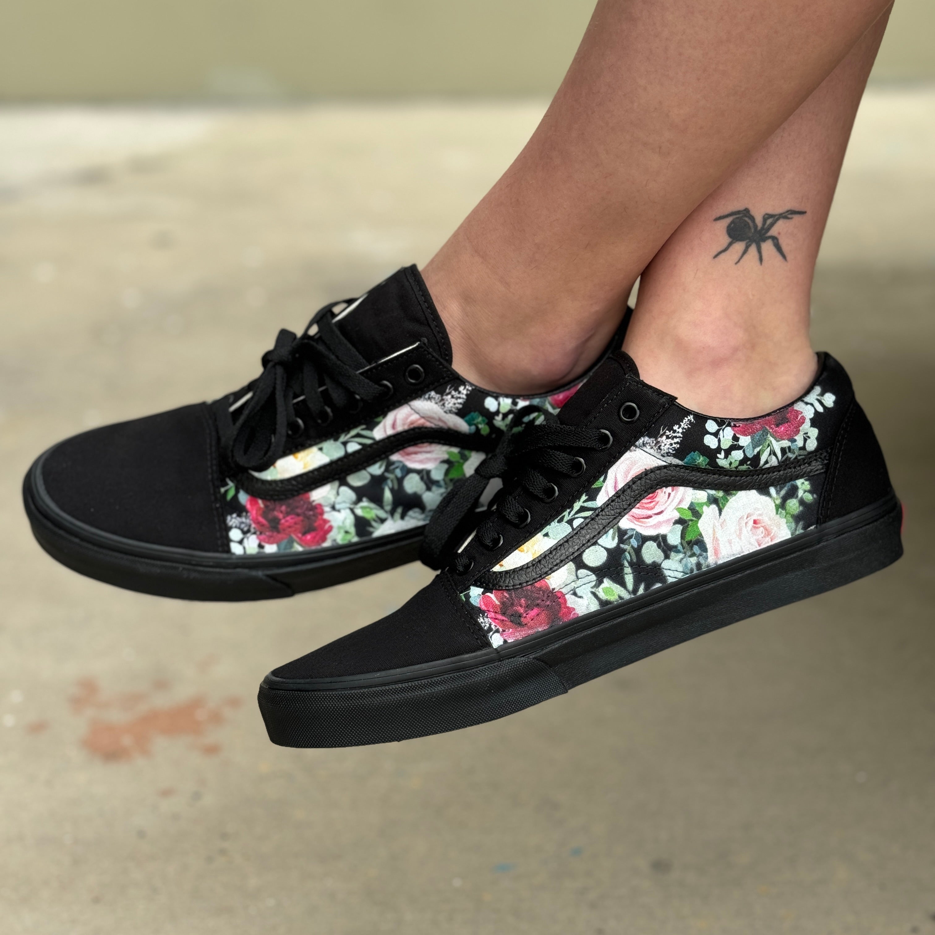 Whimsical Roses on Black Black Vans Old Skool Shoes Custom Vans Shoes for Women and Men