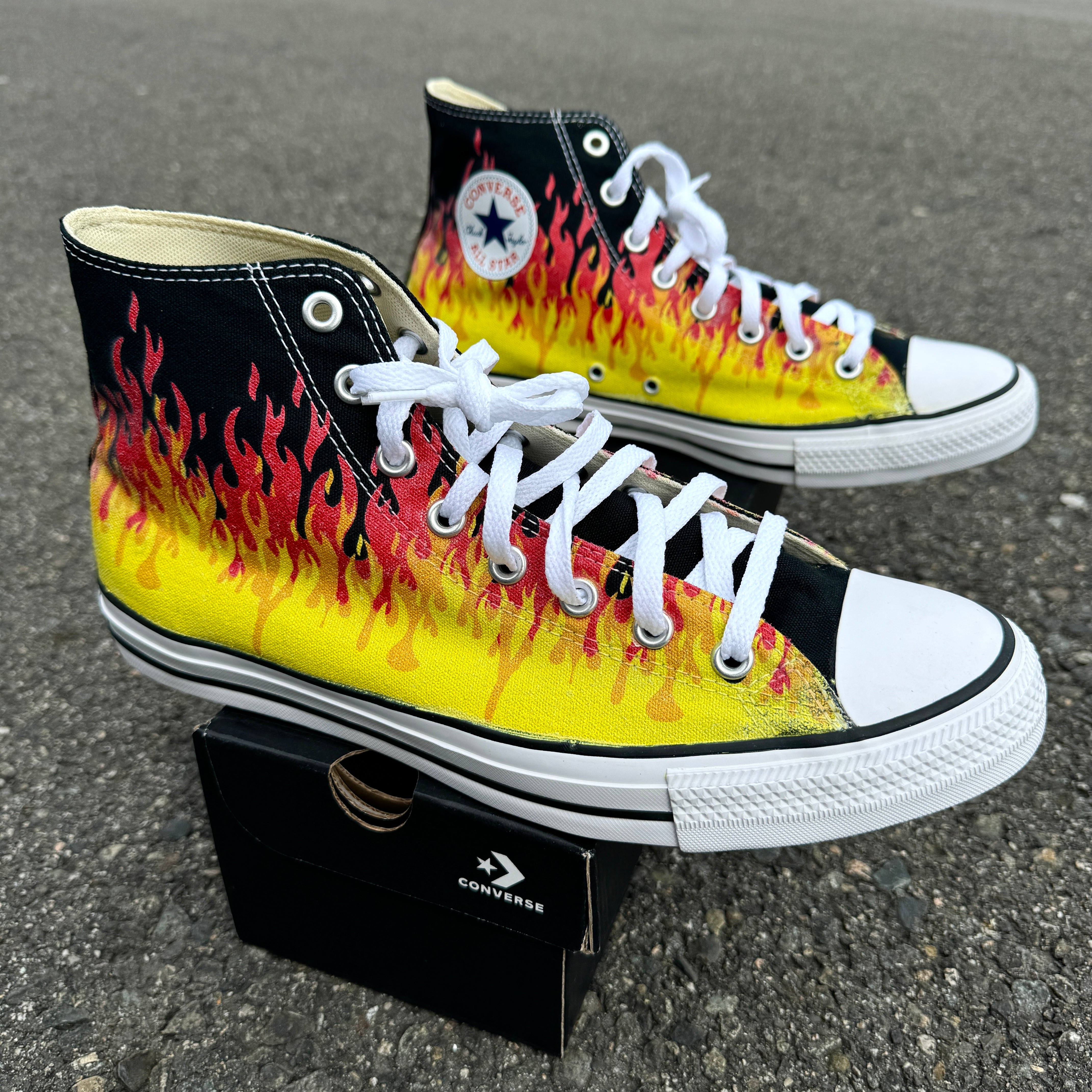 Hot Rod Red and Yellow Flames Converse Chuck Taylor High Top Sneakers