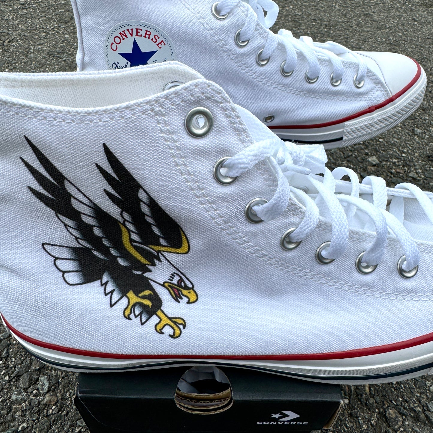 Custom Traditional Eagle Tattoo on White High Top Converse