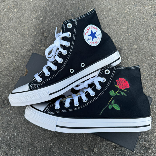 Single Rose on Black High Top Converse