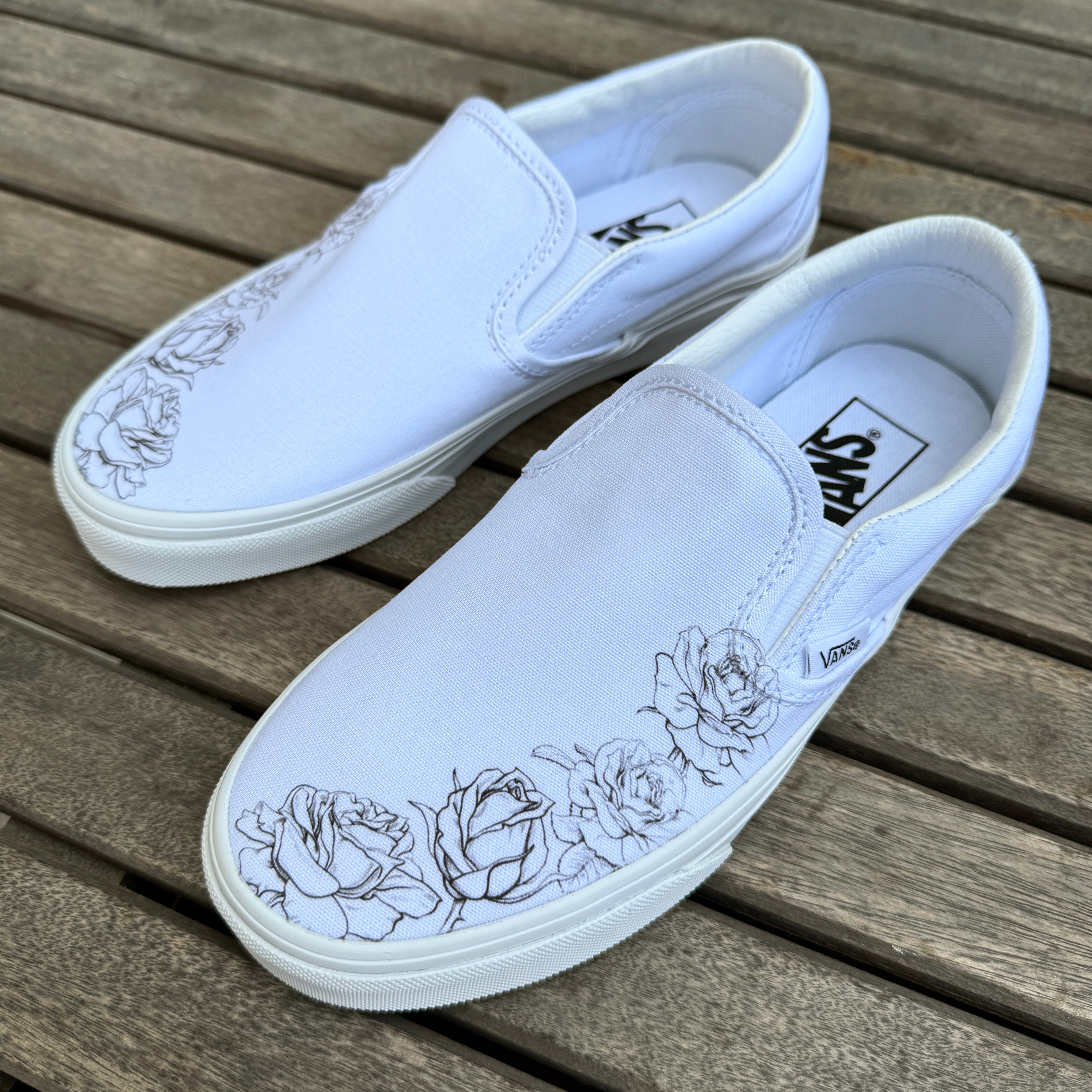 White Black Rose Flower Wedding Custom Slip On Vans Bridal Shoes Wed BlvdCustom