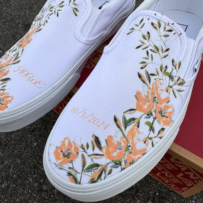 Light Orange Flower - Wedding Custom Slip On Vans Bridal Shoes Wedding Sneakers Wedding Shoes for Bride Brides Maids and Maid of Honor