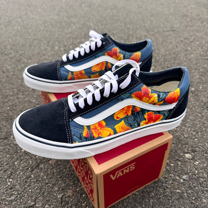 California Poppy Flowers on Navy Vans Old Skool Shoes