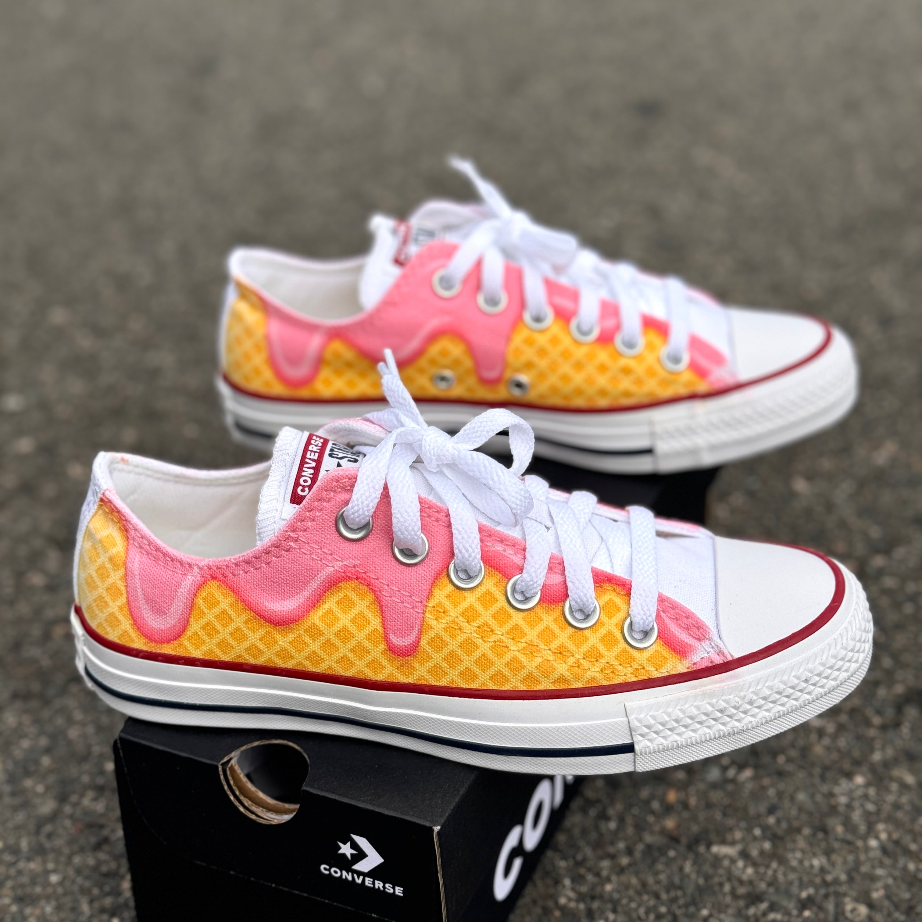 Waffle Cone Ice Cream Drip White Converse Low Top Shoes Womens Girl BlvdCustom