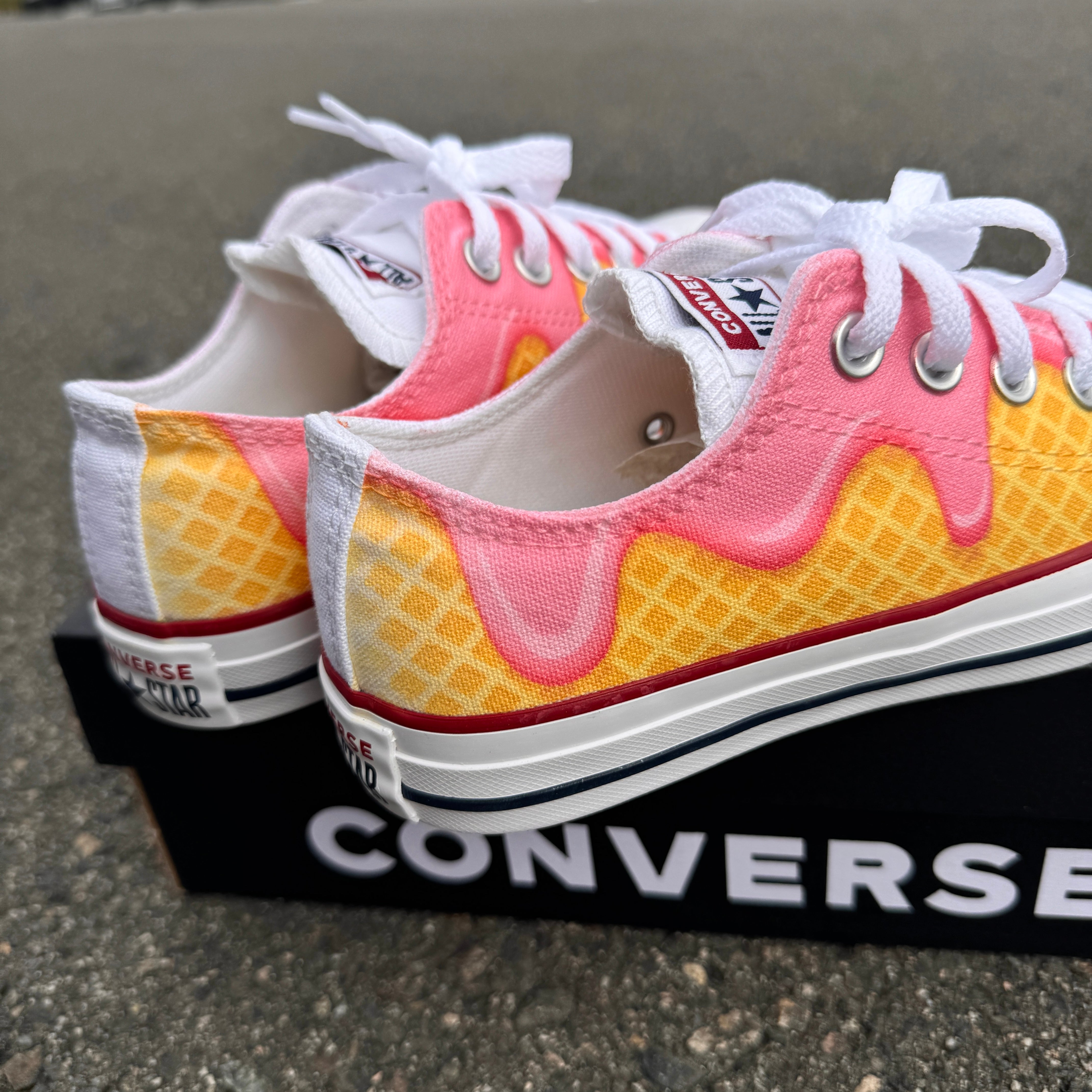 Waffle Cone Ice Cream Drip White Converse Low Top Shoes Womens Girl BlvdCustom