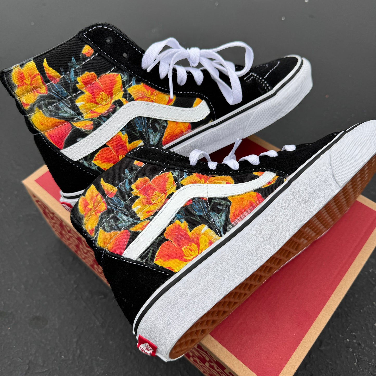 California Poppy Flowers on Black Vans SK8-Hi Shoes