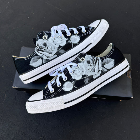 Greyscale Roses on Black Low Top Converse Shoes Custom