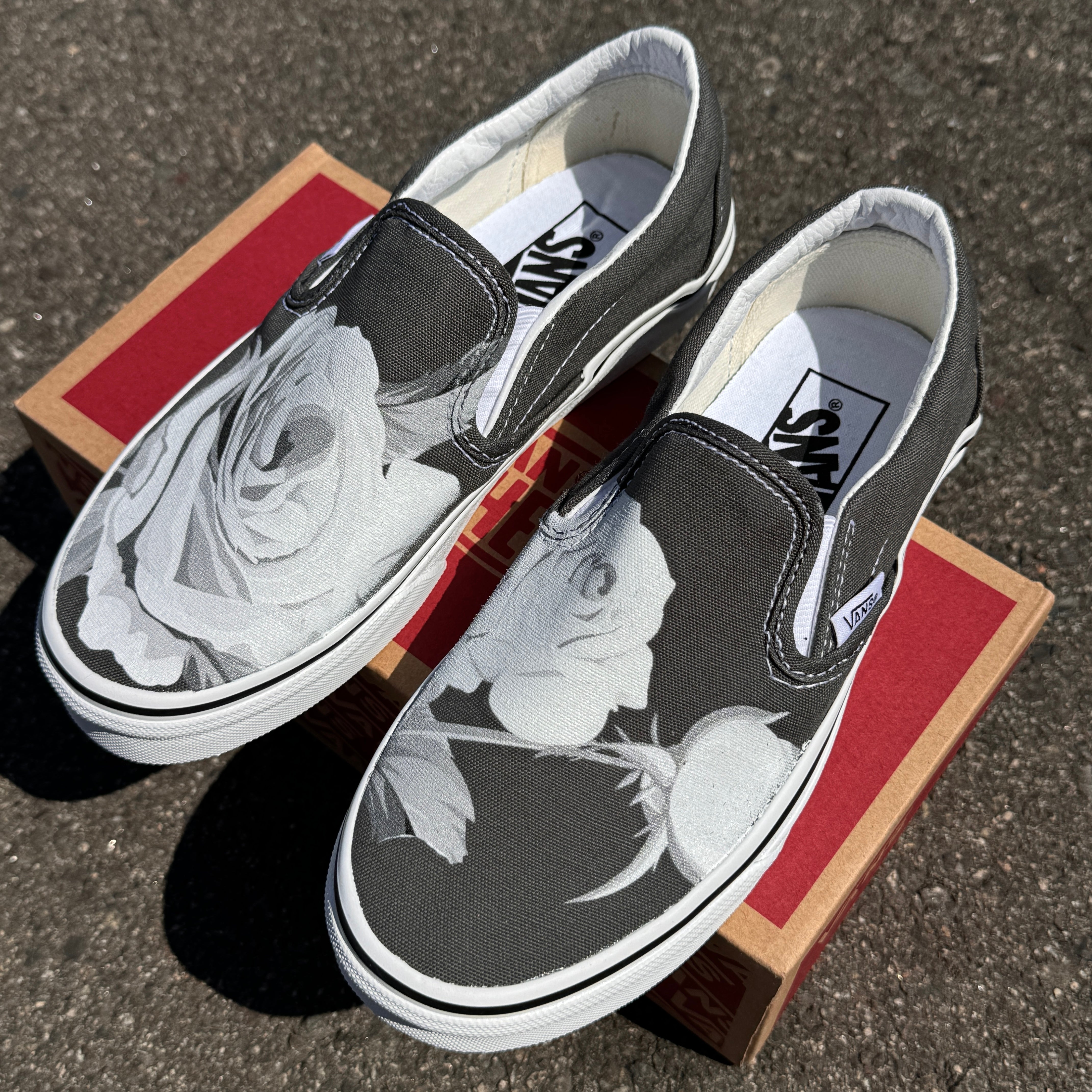 Greyscale Rose on Custom Charcoal Slip On Vans Shoes for Women and Men