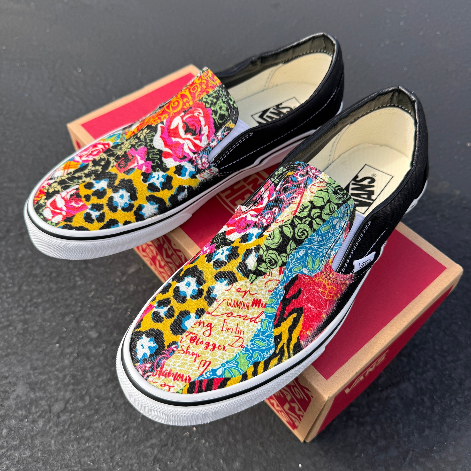 custom vans shoes with roses and cheetah print