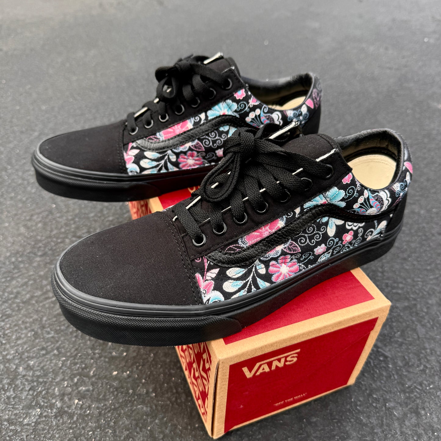 Embroidery Inspired Black/Black Old Skool Low Top Vans Shoes - Custom Vans Shoes for Women and Men