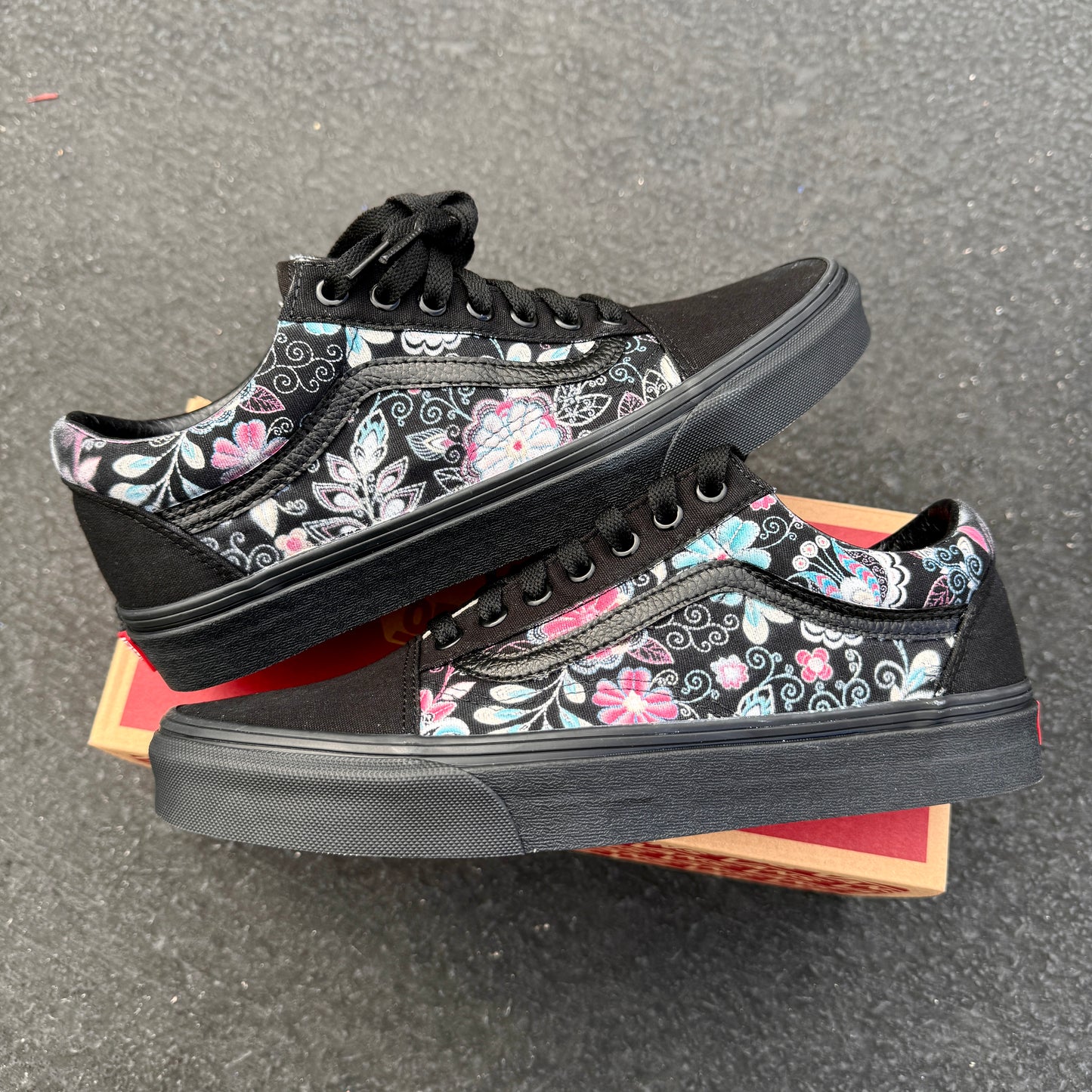 Embroidery Inspired Black/Black Old Skool Low Top Vans Shoes - Custom Vans Shoes for Women and Men