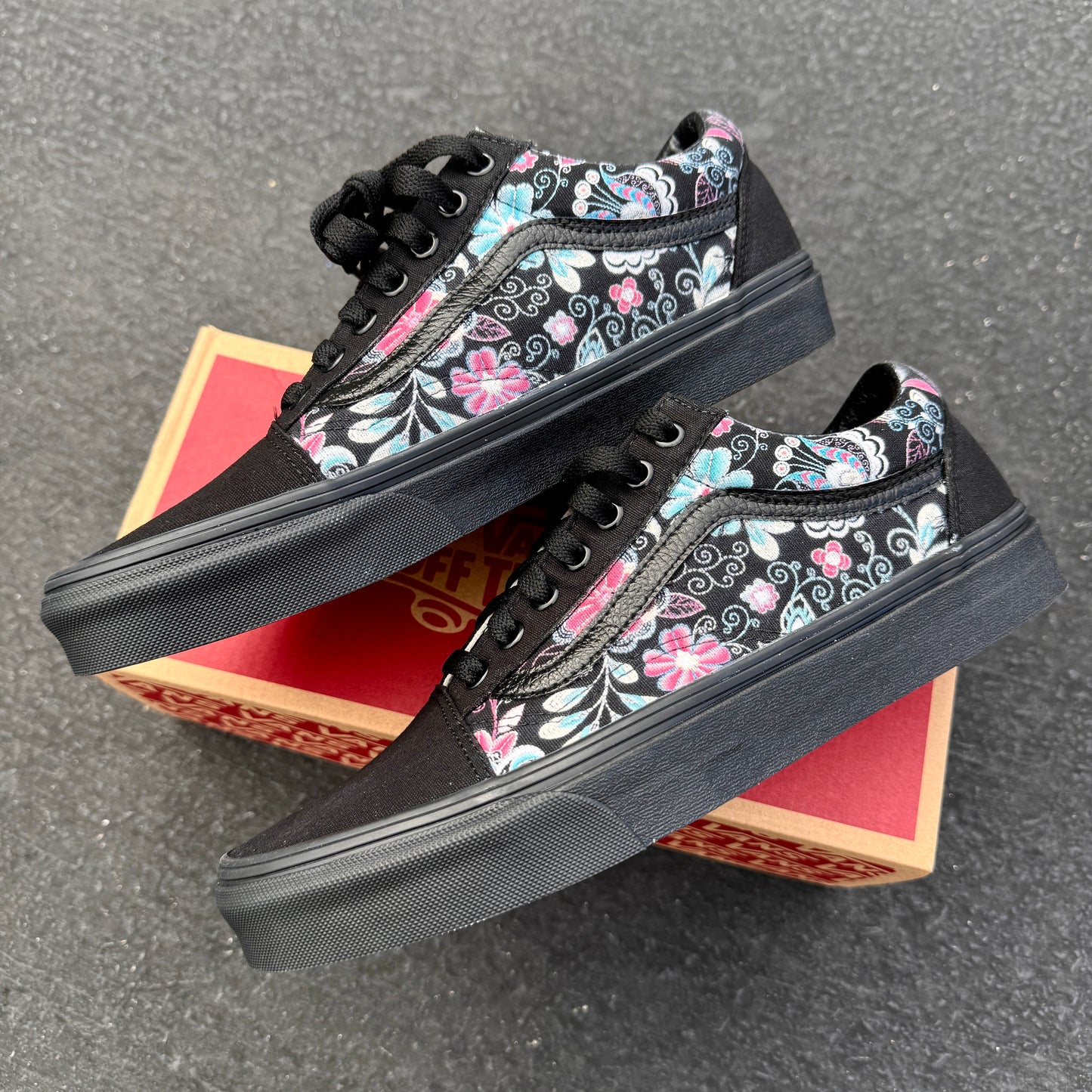 Embroidery Inspired Black/Black Old Skool Low Top Vans Shoes - Custom Vans Shoes for Women and Men