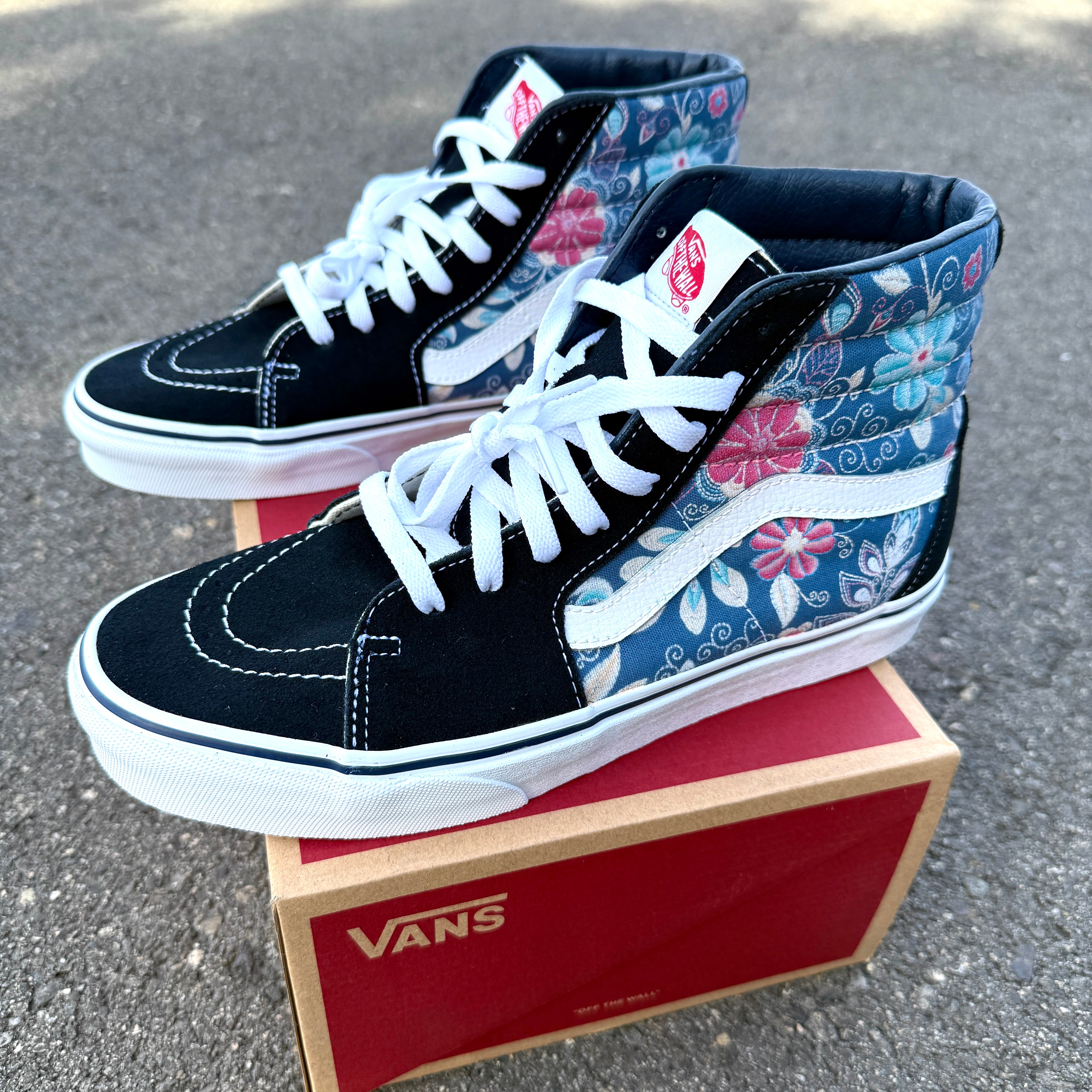 Embroidery Inspired Navy Vans Sk8 Hi Top Shoes Custom Vans Shoes for Women and Men