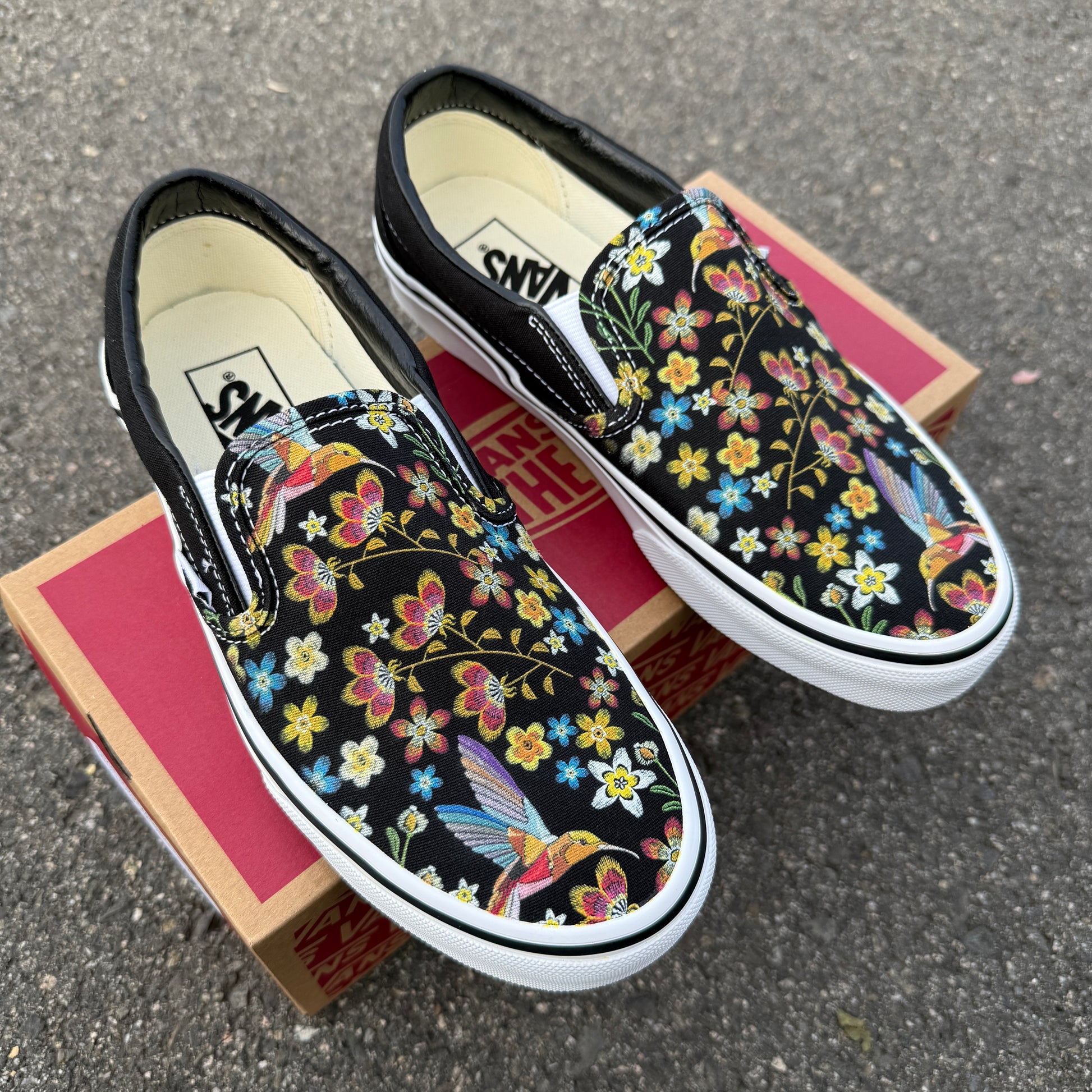 customized vans slip on shoes hummingbird embroidery floral embroidered painted sneakers