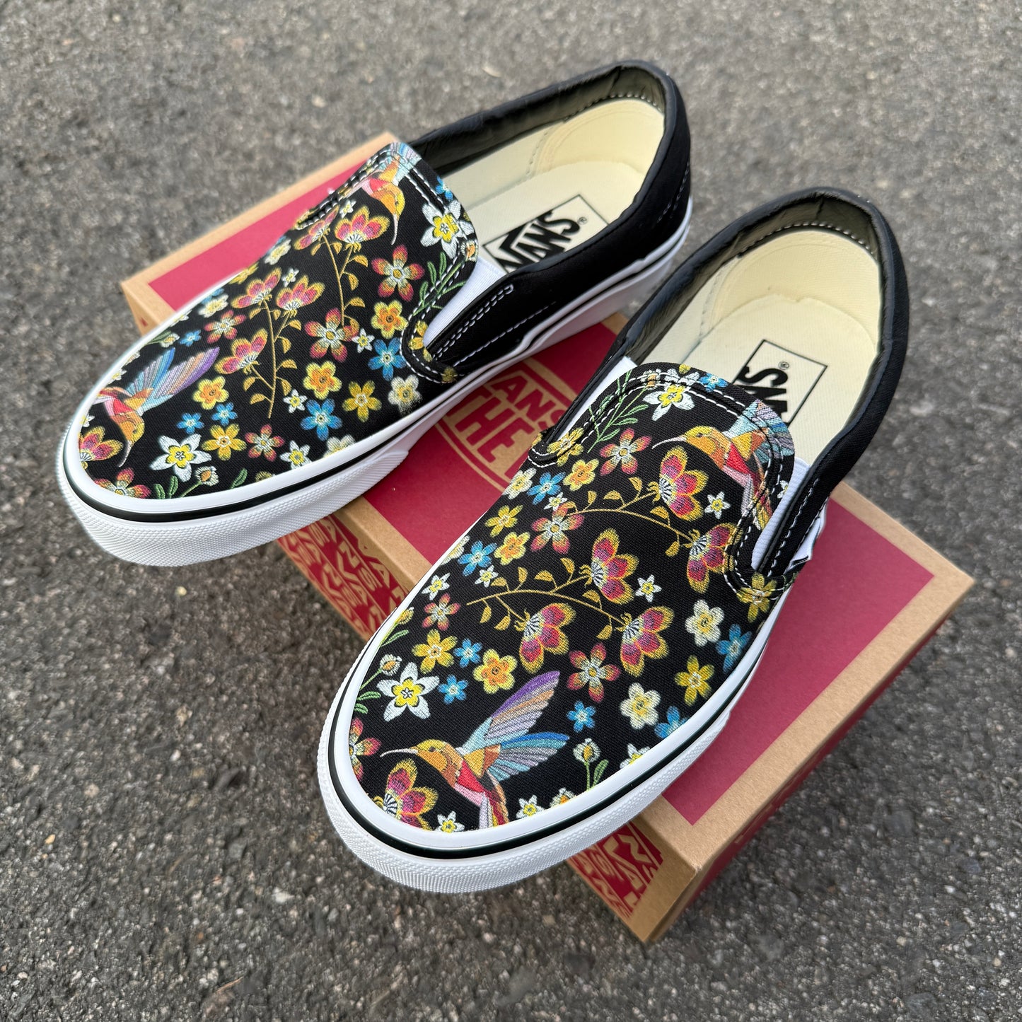 customized vans slip on shoes hummingbird embroidery floral embroidered painted sneakers