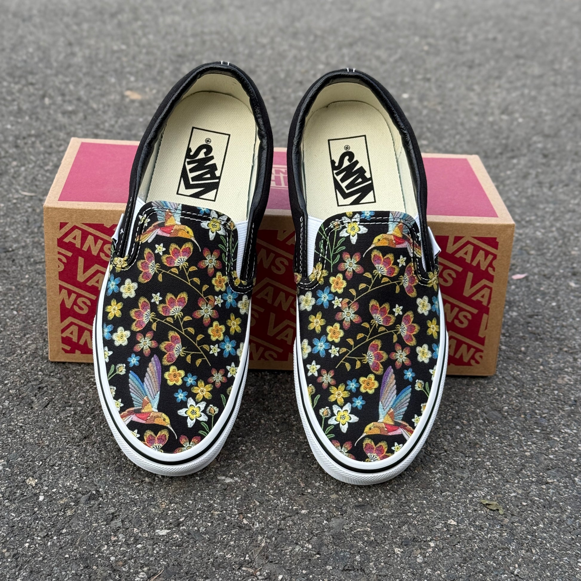 customized vans slip on shoes hummingbird embroidery floral embroidered painted sneakers