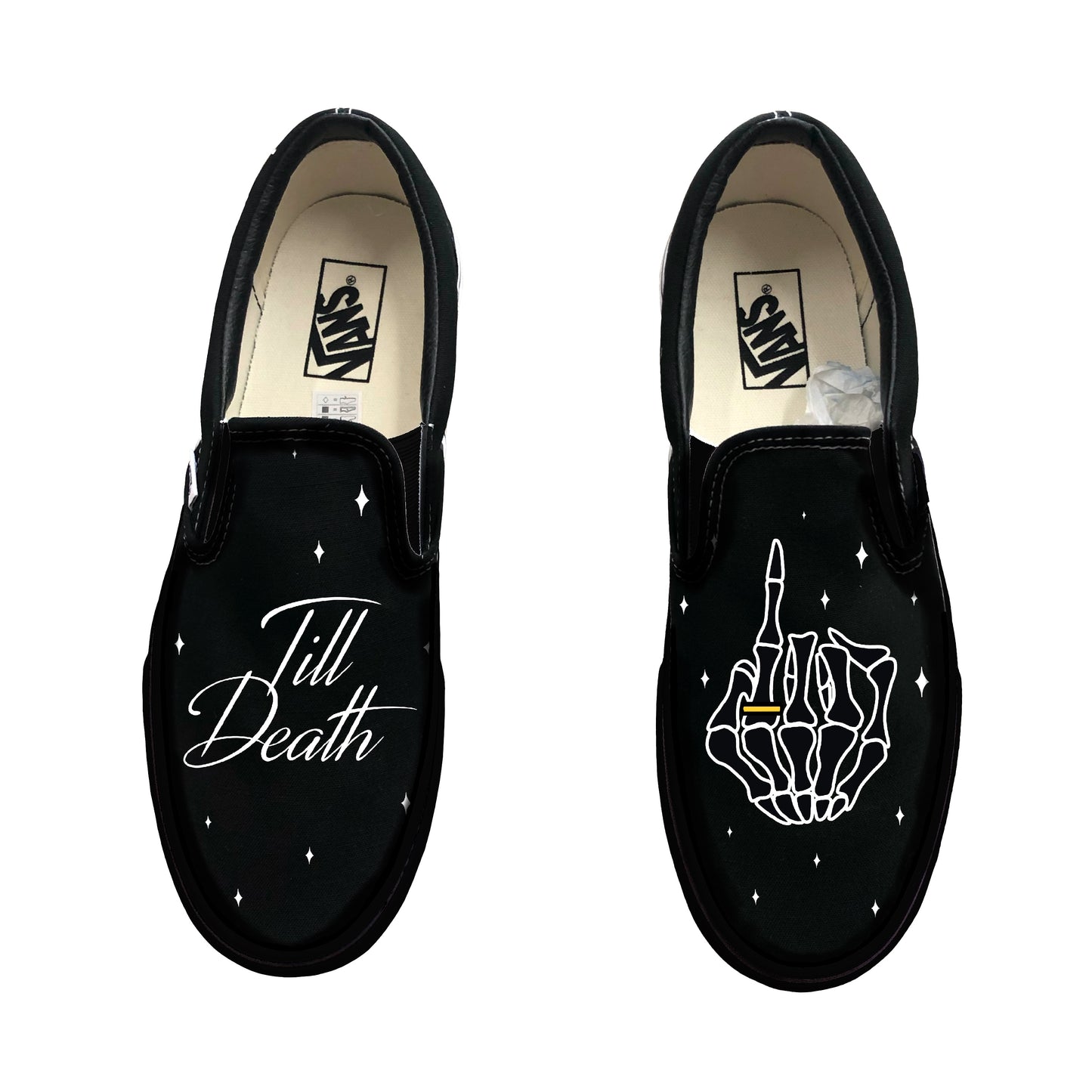 Till Death Ring Finger Custom Black/Black Wedding Vans Slip On Shoes for Men and Women