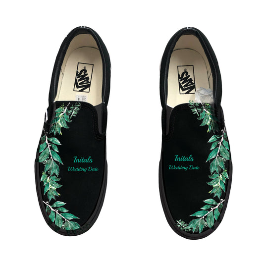 Green Leaves Black/Black Wedding Vans Slip On Shoes for Groom