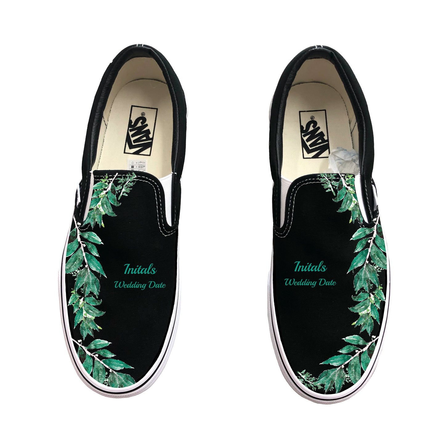 Green Leaves Black Wedding Vans Slip On Shoes for Groom