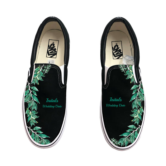 Green Leaves Black Wedding Vans Slip On Shoes for Groom